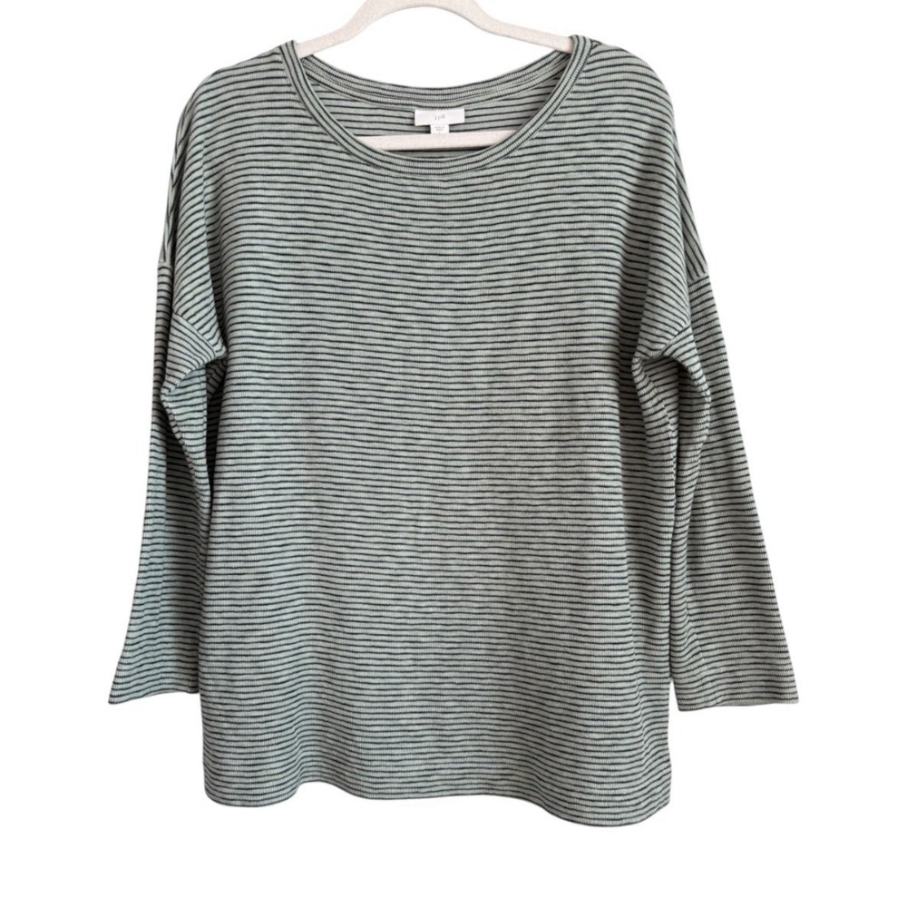 J.Jill Sage Green Striped Double Knit Crewneck Top Oversized Cozy Muted Boho PL